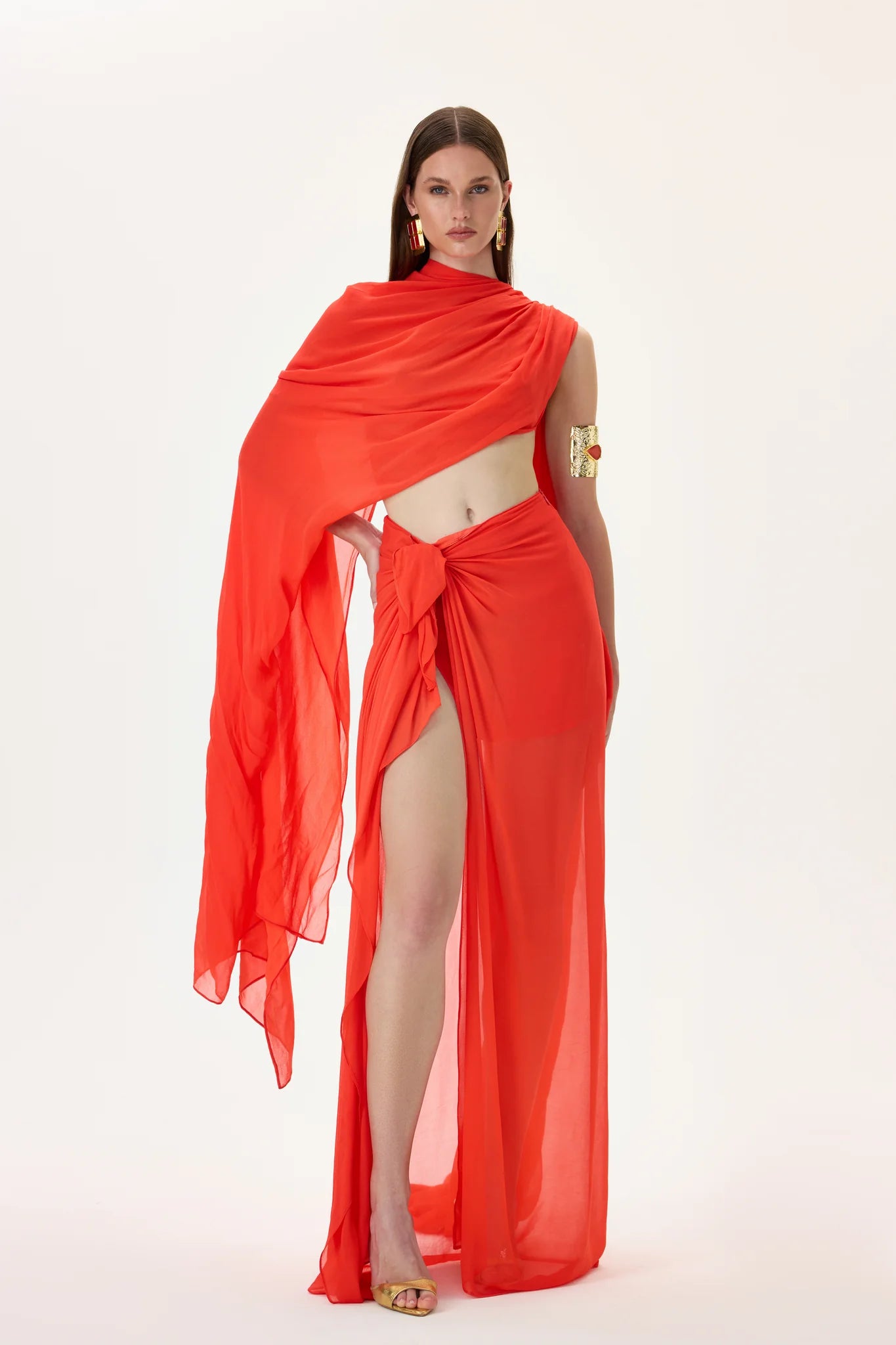 SS26-T-1033-34 raisa_vanessa vivid-pomegranate-chiffon-one-shouldered-cape-top