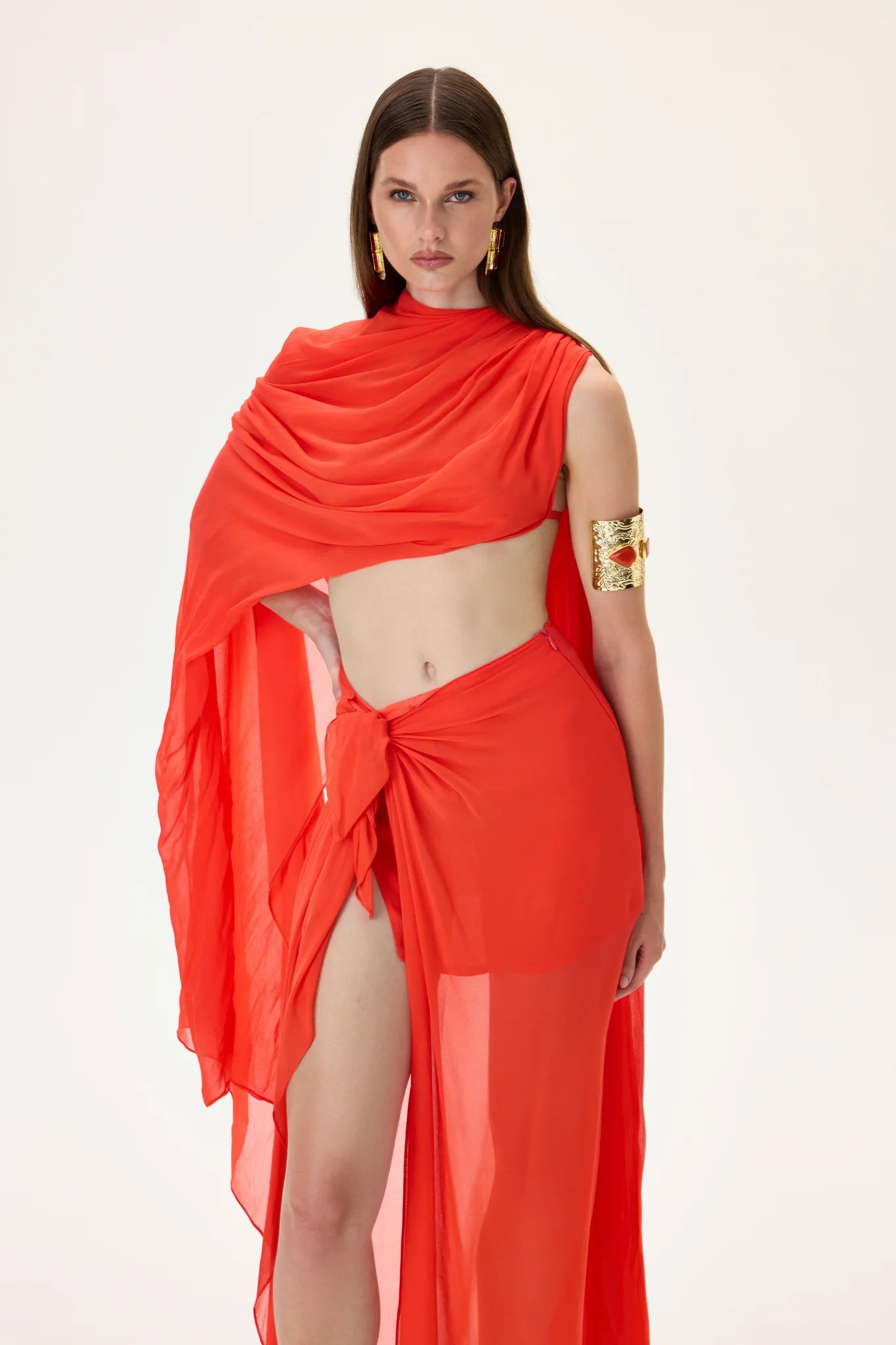 SS26-T-1033-42 raisa_vanessa vivid-pomegranate-chiffon-one-shouldered-cape-top