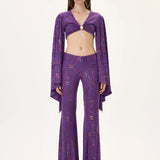 Multicolor Foil-Printed Purple Jersey Flare Pants
