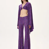 Multicolor Foil-Printed Purple Jersey Flare Pants