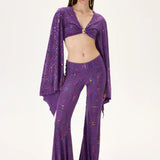 Multicolor Foil-Printed Purple Jersey Flare Pants