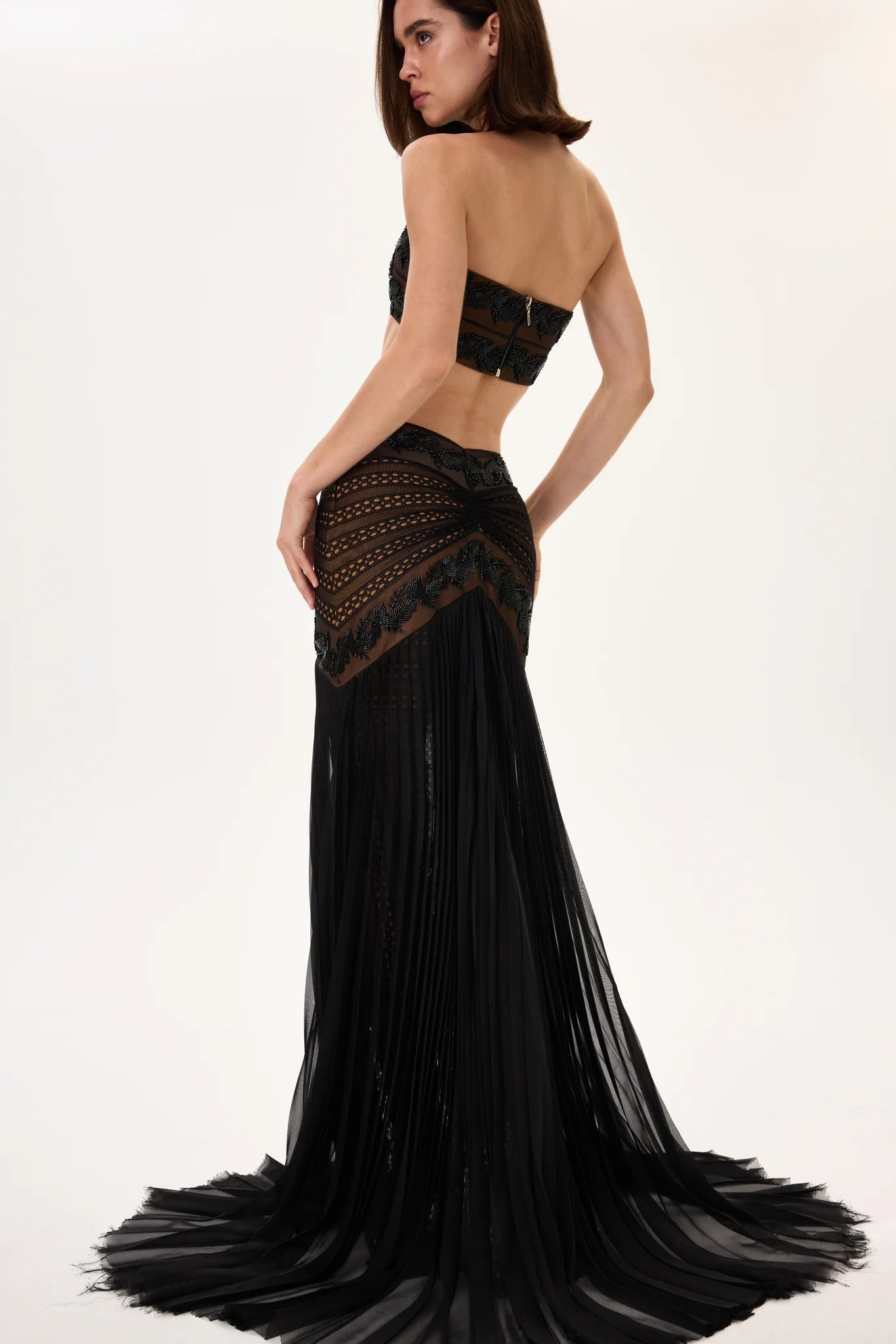 SS26-S-1036-40 raisa_vanessa black-pleated-chiffon-skirt-with-beaded-leaf-motive-strips-and-fully-embroidered-flower