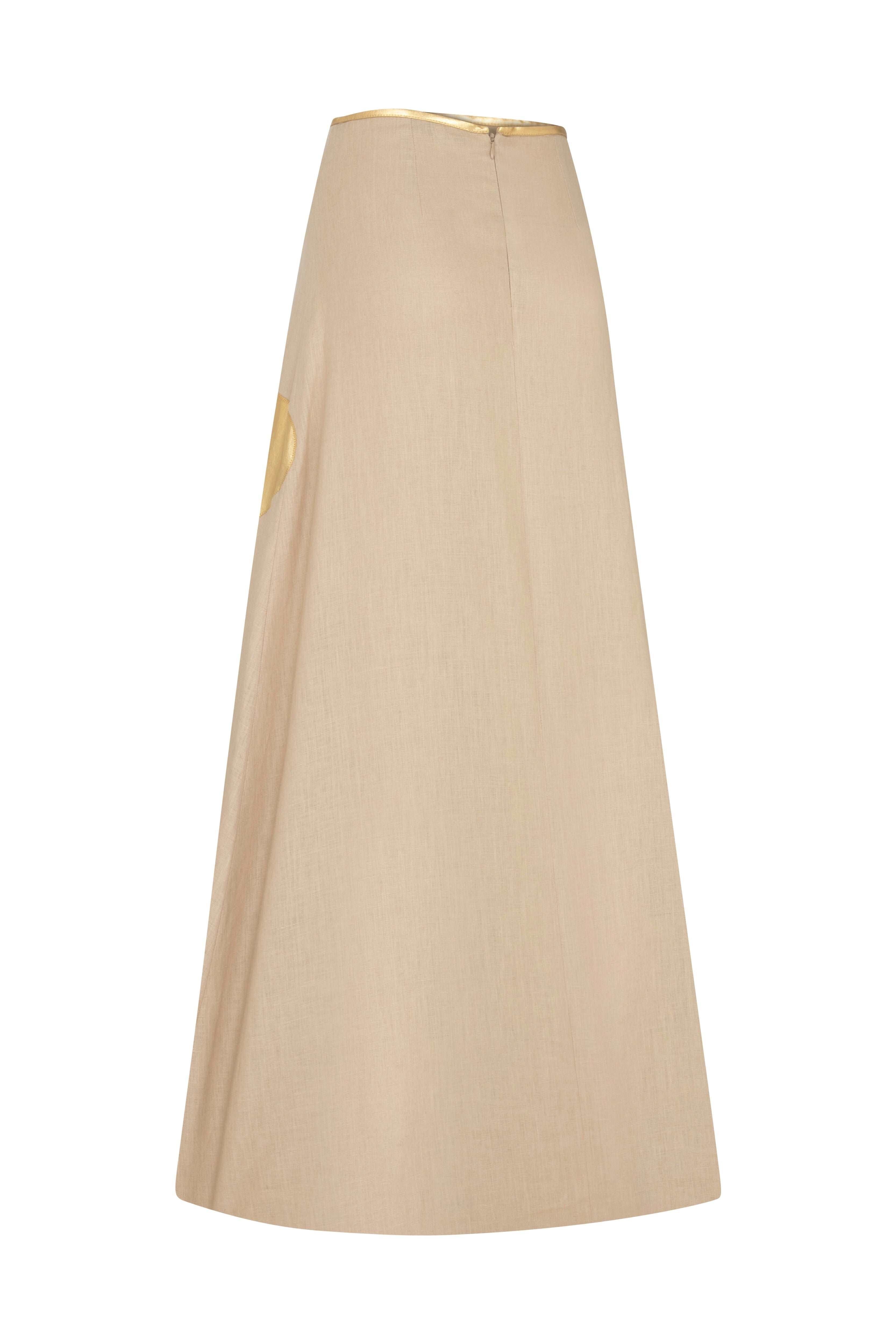 Beige Linen Maxi Skirt With Gold Pattern Detail