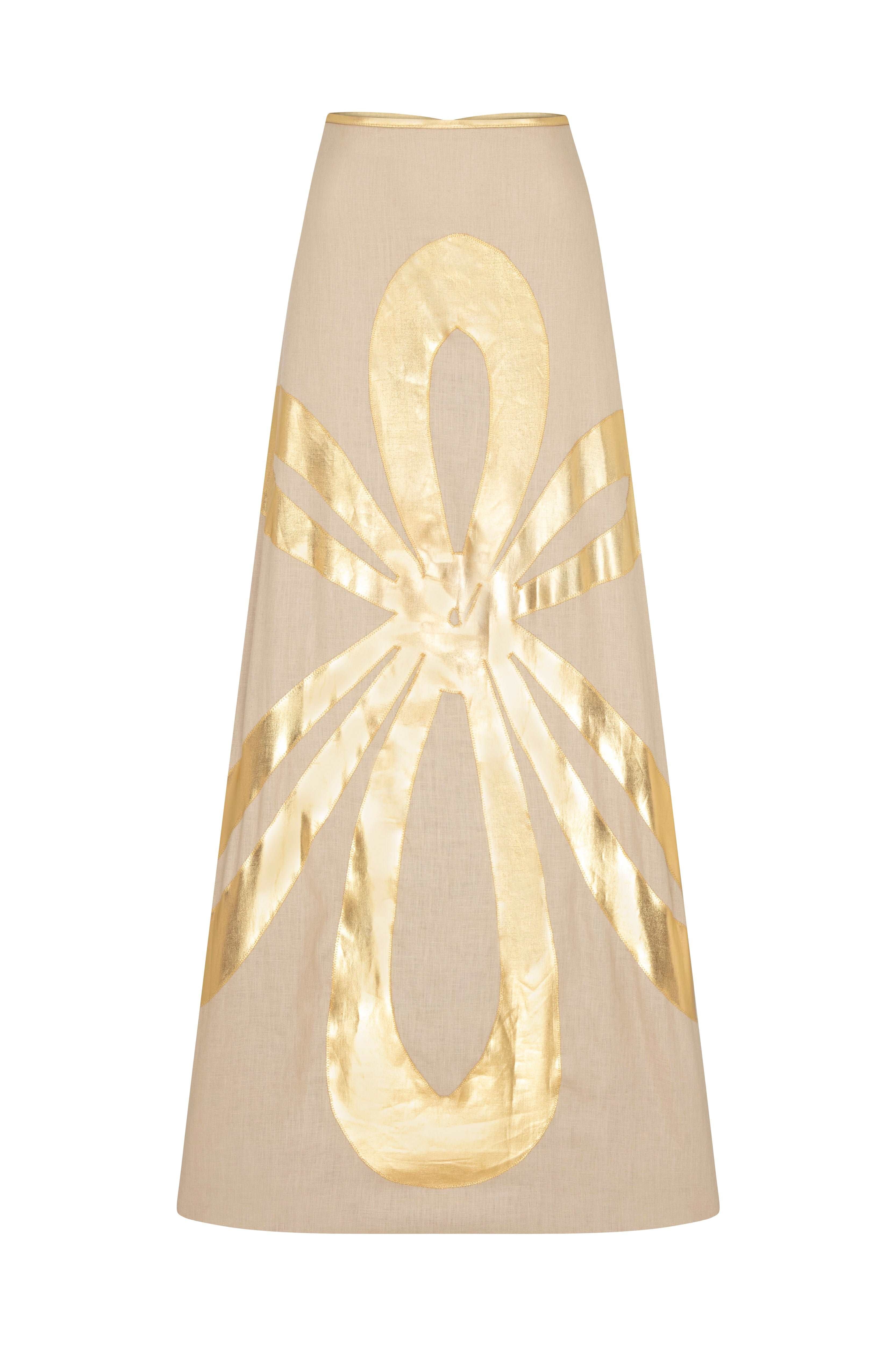 Beige Linen Maxi Skirt With Gold Pattern Detail