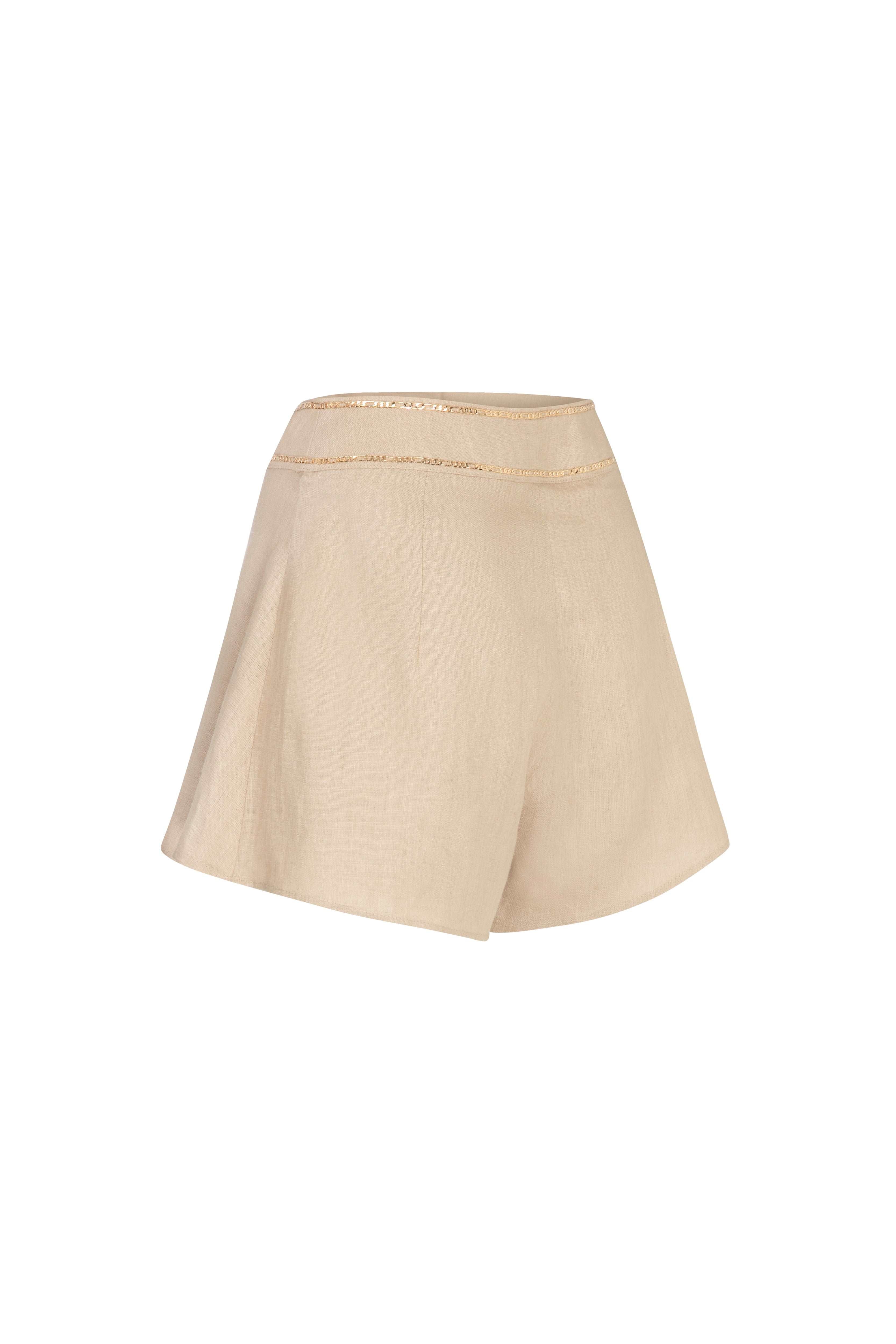 Beige Linen Shorts With Pleat And Gold Chain Details Without Chain