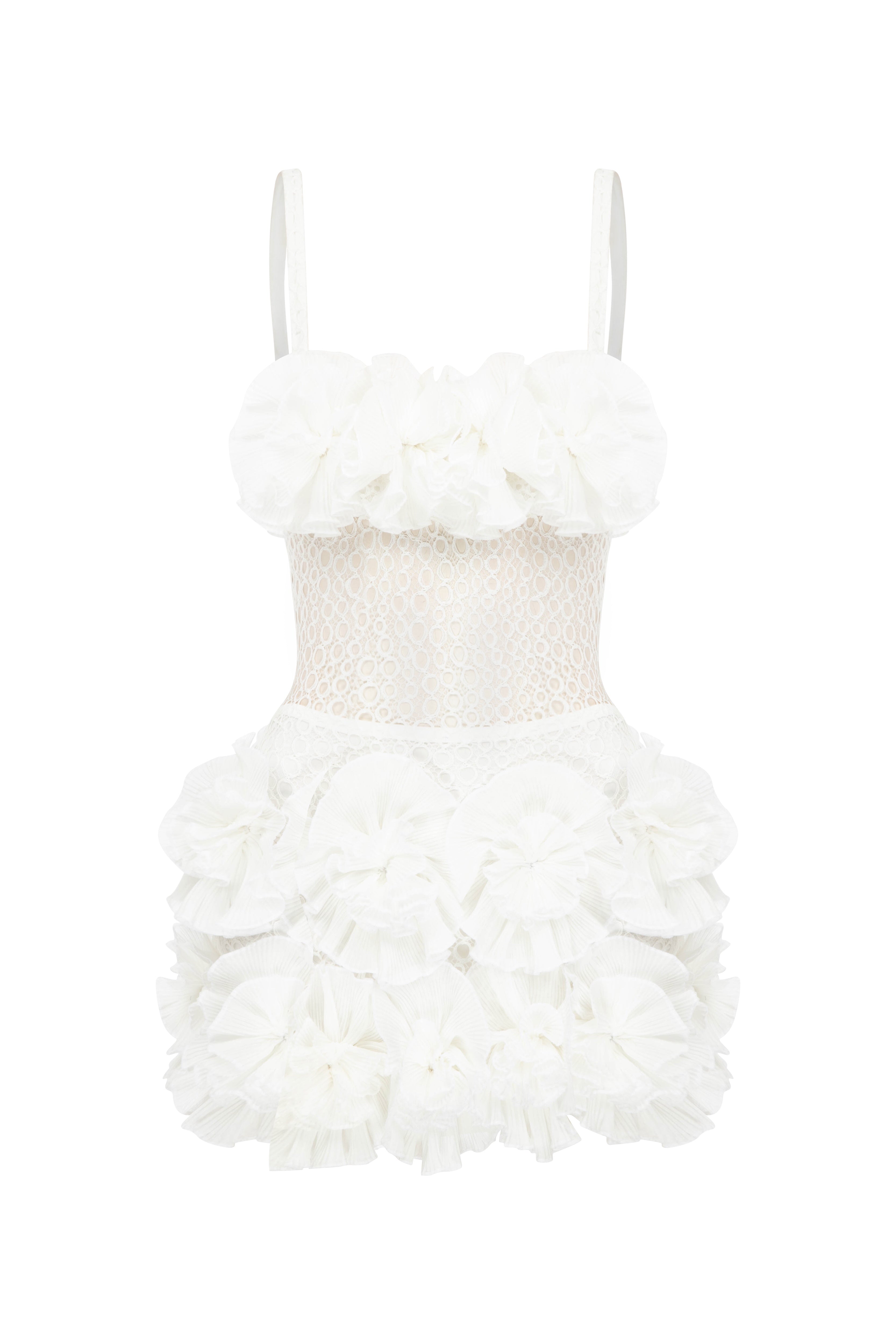 White Mini Dress With Lace And Flower Details RAISA VANESSA INT White Mini Dress With Lace And Flower Details RAISA VANESSA INT