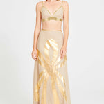 Beige Linen Maxi Skirt With Gold Pattern Detail
