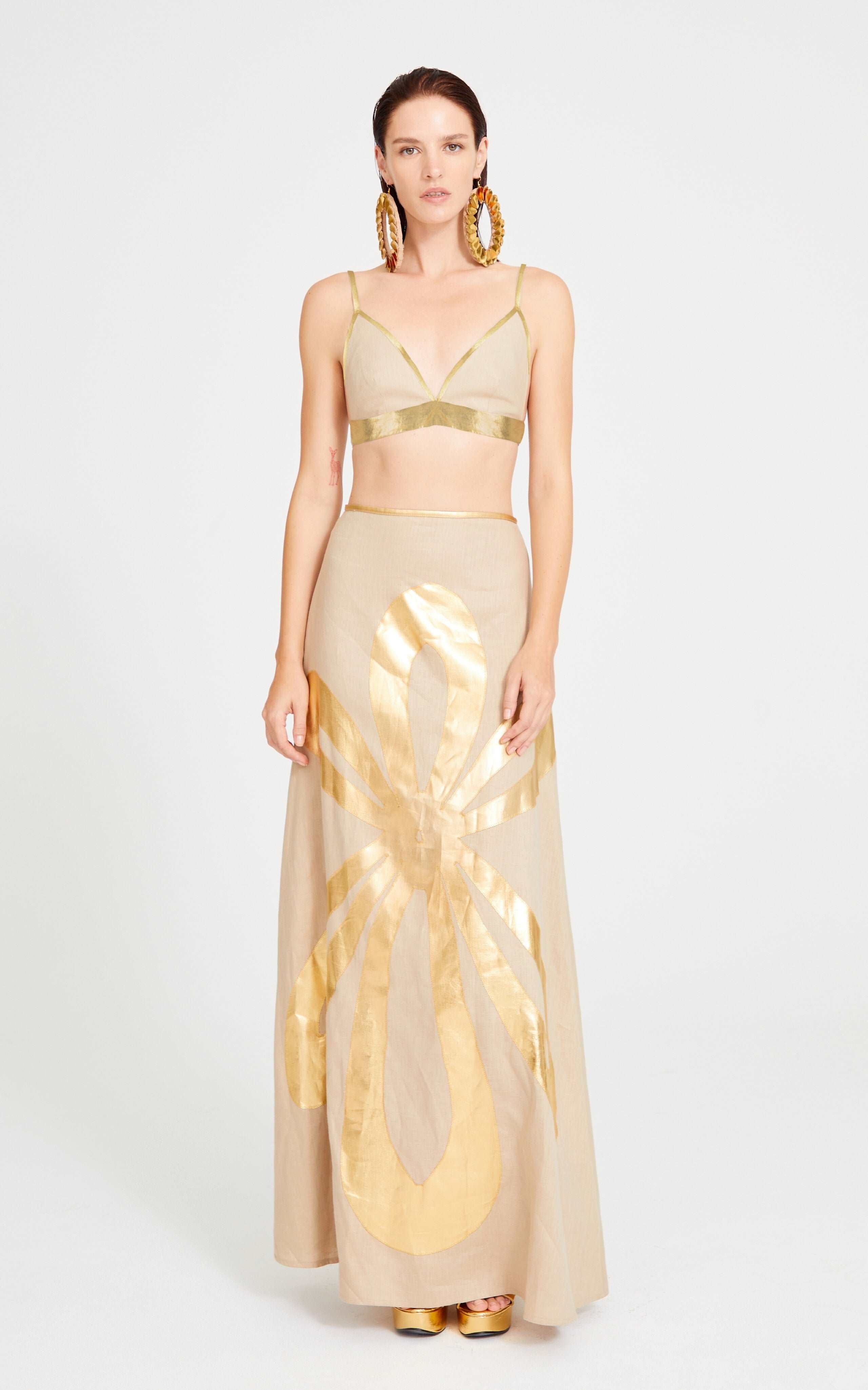 Beige Linen Maxi Skirt With Gold Pattern Detail