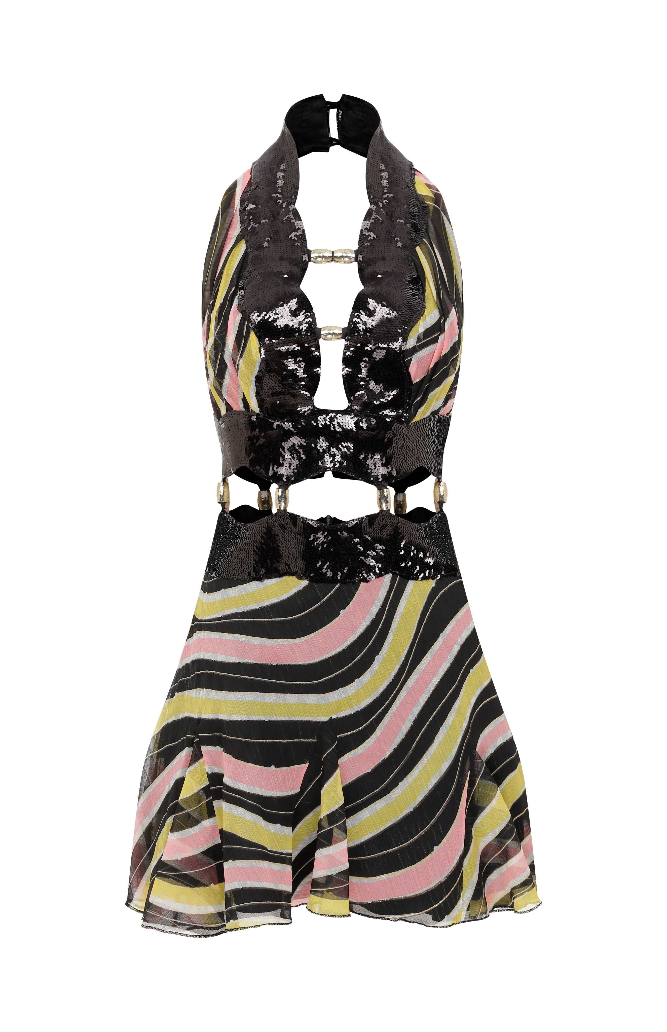 Amazonica Chiffon Wavy Striped Mini Dress with Black Sequin Details