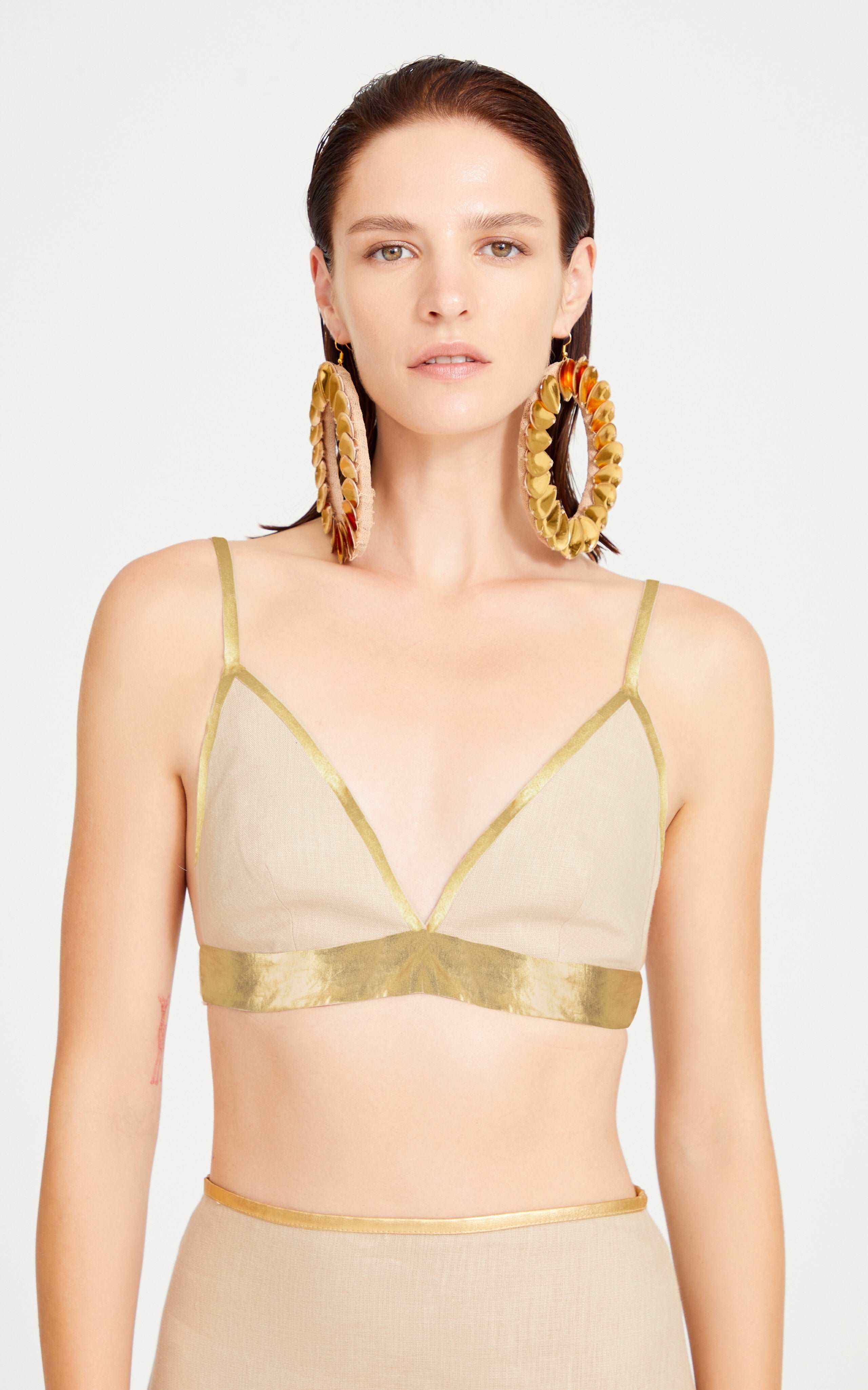 Beige Linen Maxi Skirt With Gold Pattern Detail