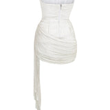 White Embroidery Striped Mini Dress With Corset And Drape Details
