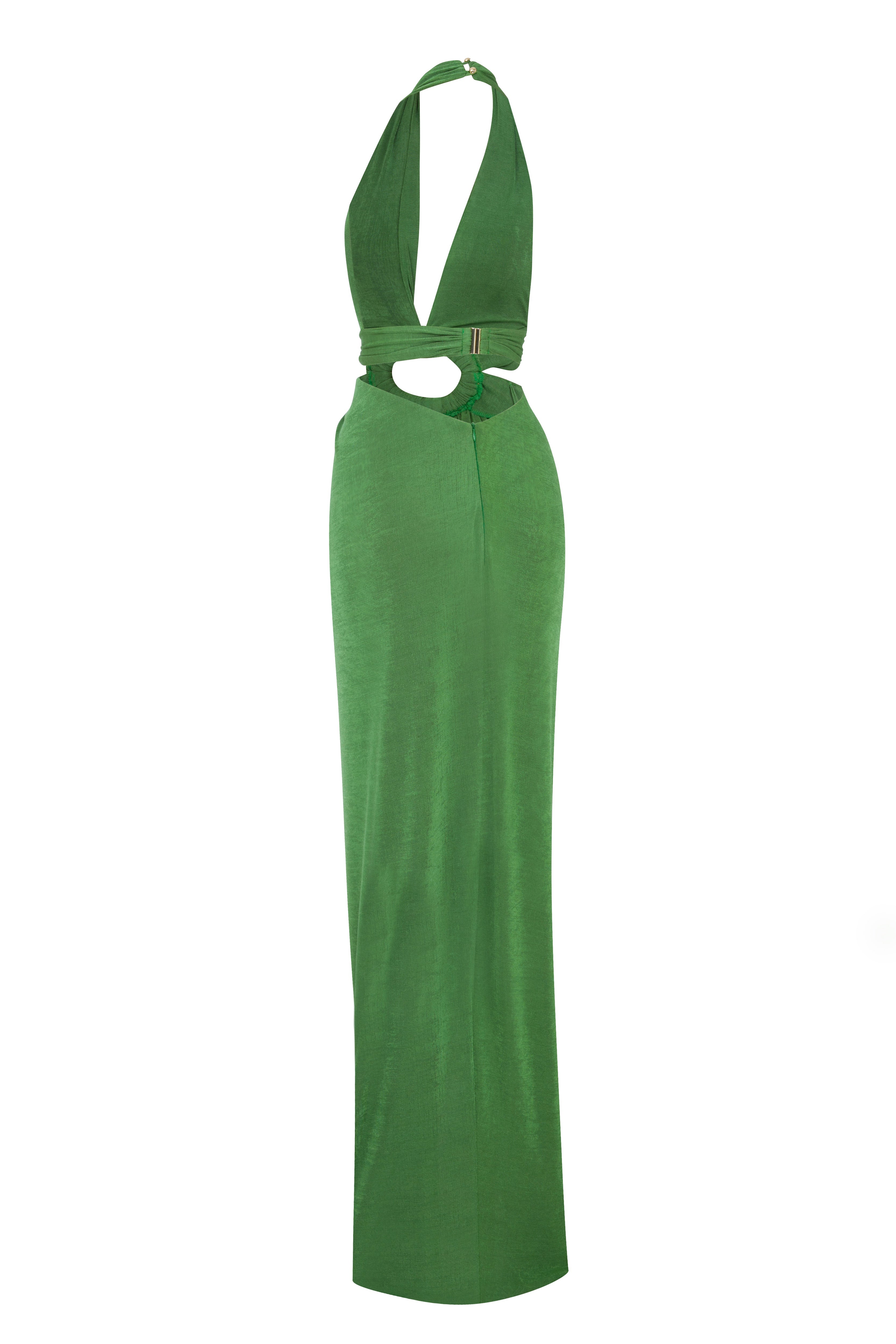 Green Halter Neck Maxi Dress With Cut Out And Gold Sequin Details Green Halter Neck Maxi Dress With Cut Out And Gold Sequin Details