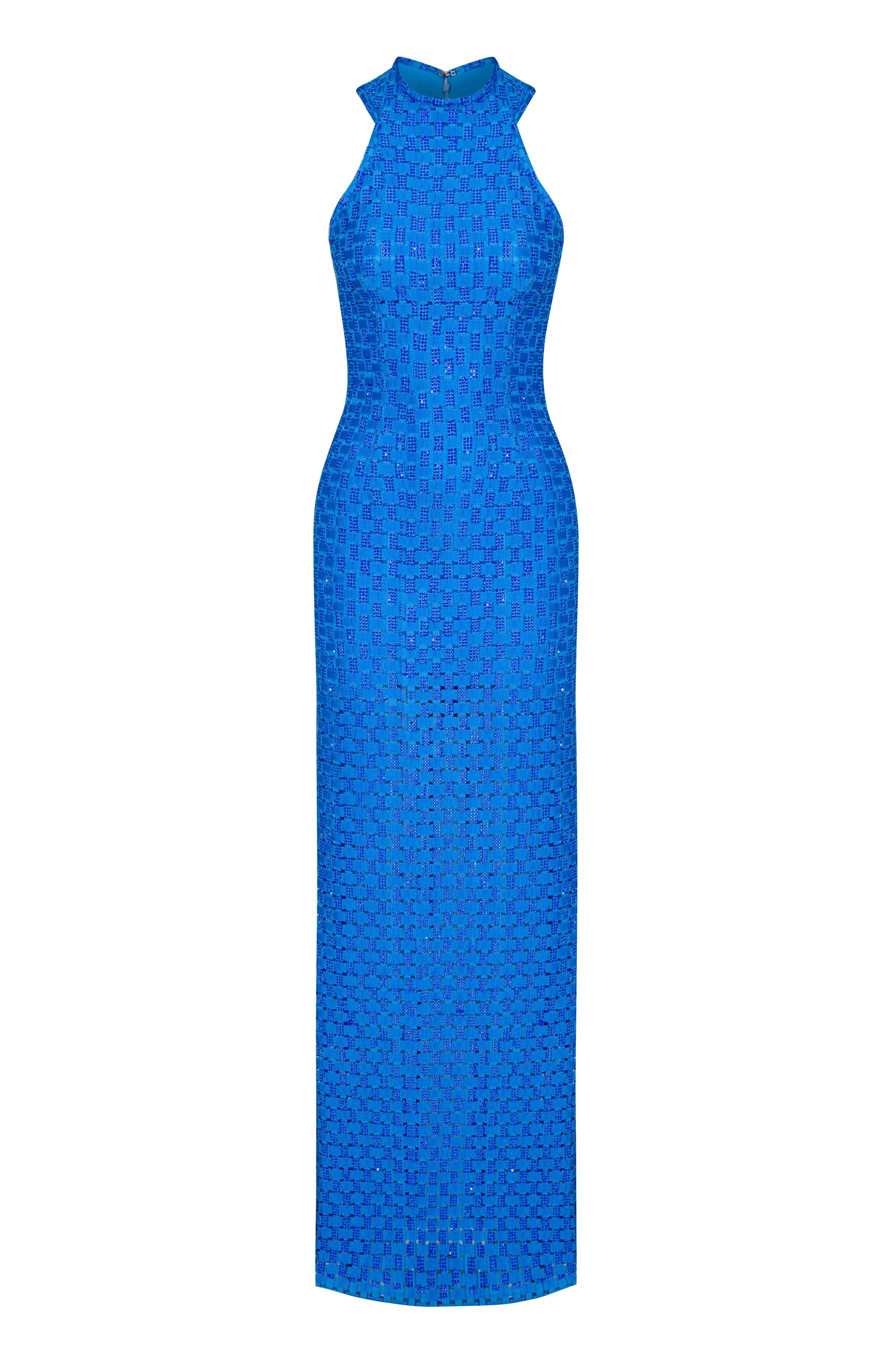 Blue Halter Neck Maxi Dress With Embroidery Details