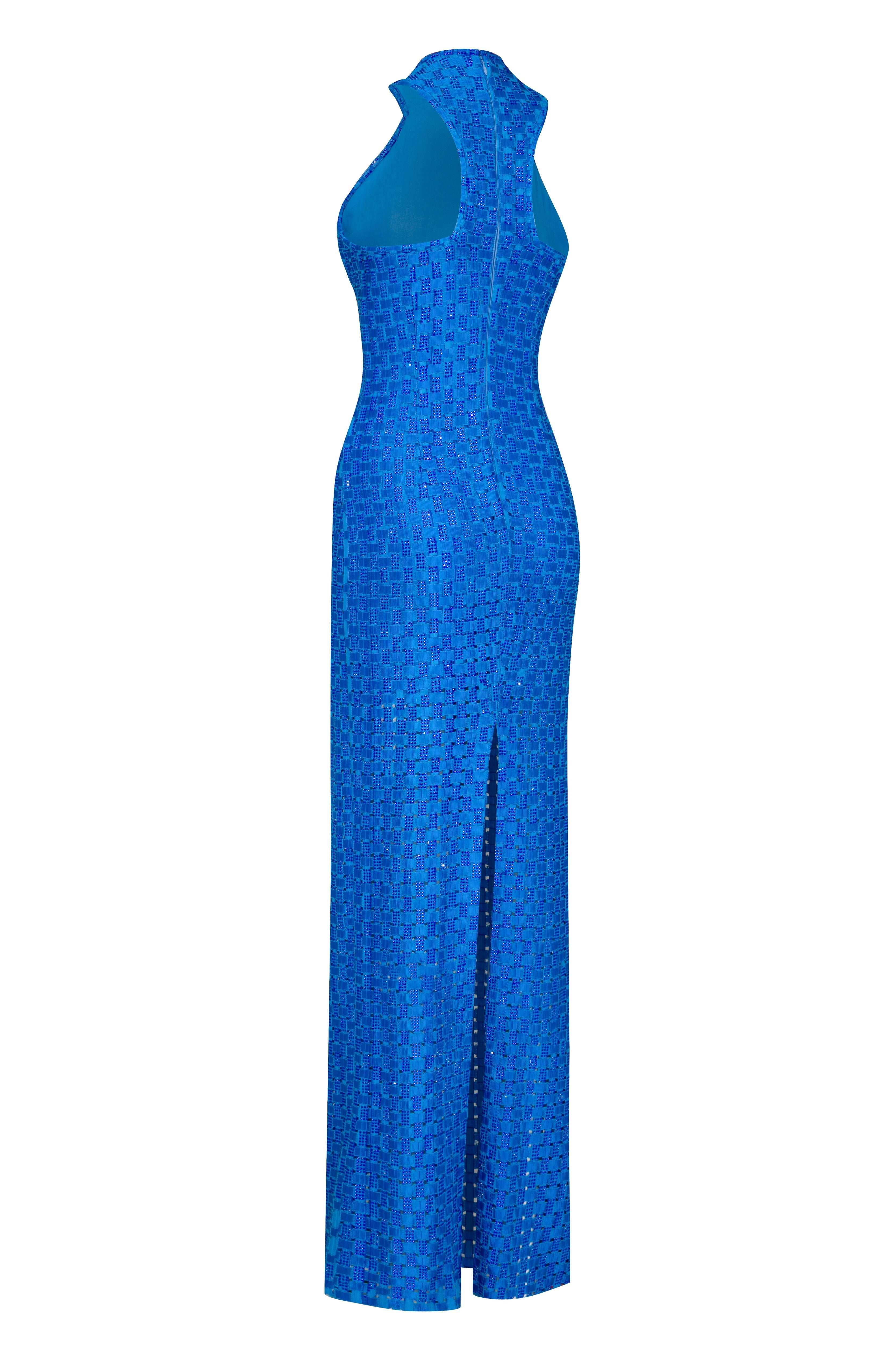 Blue Halter Neck Maxi Dress With Embroidery Details