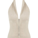 Beige Linen Halter Neck Top With Open Front Detail