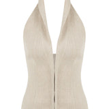 Beige Linen Halter Neck Top With Open Front Detail
