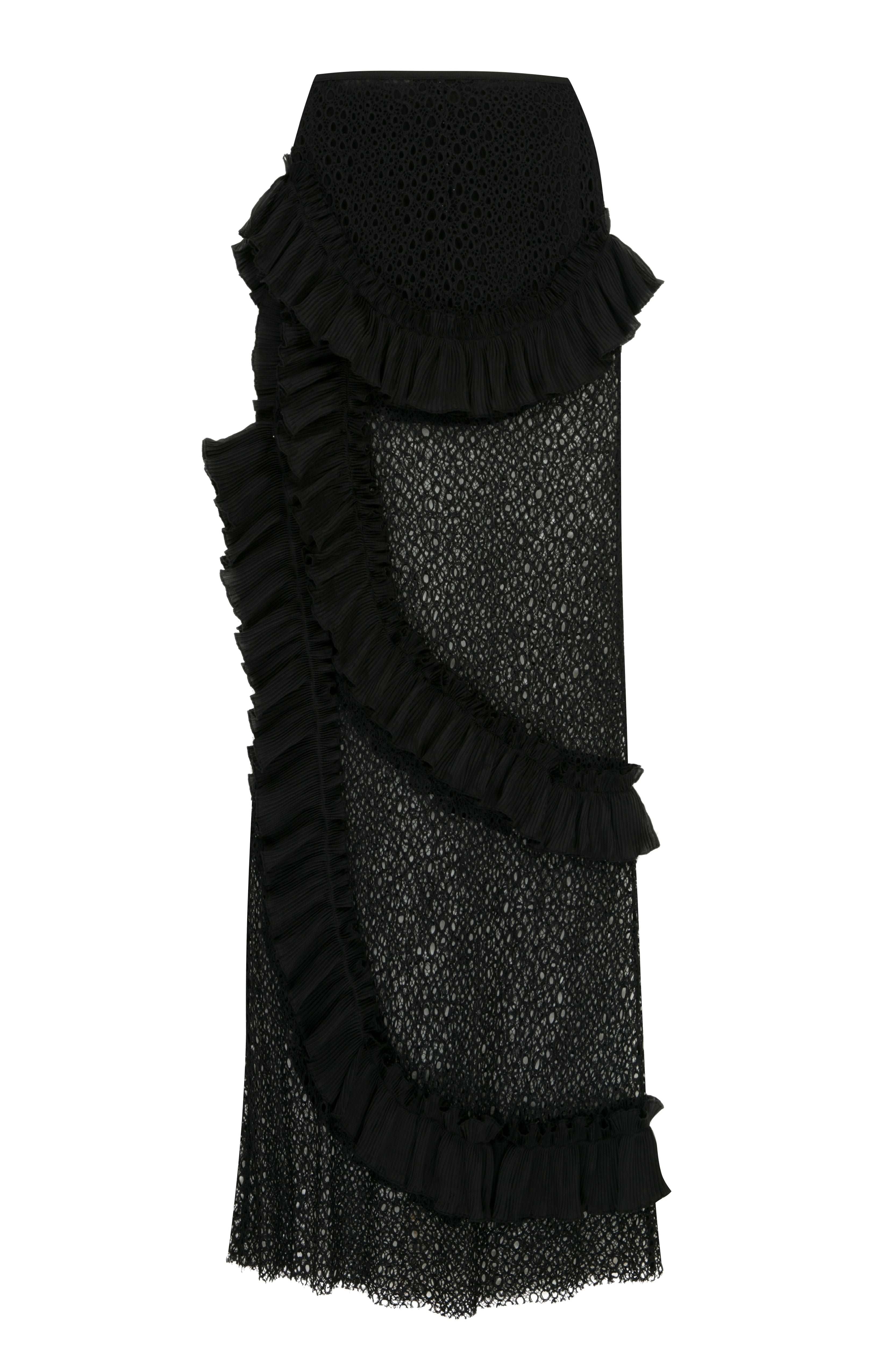 Black Maxi Skirt With Ruffle And Lace Details