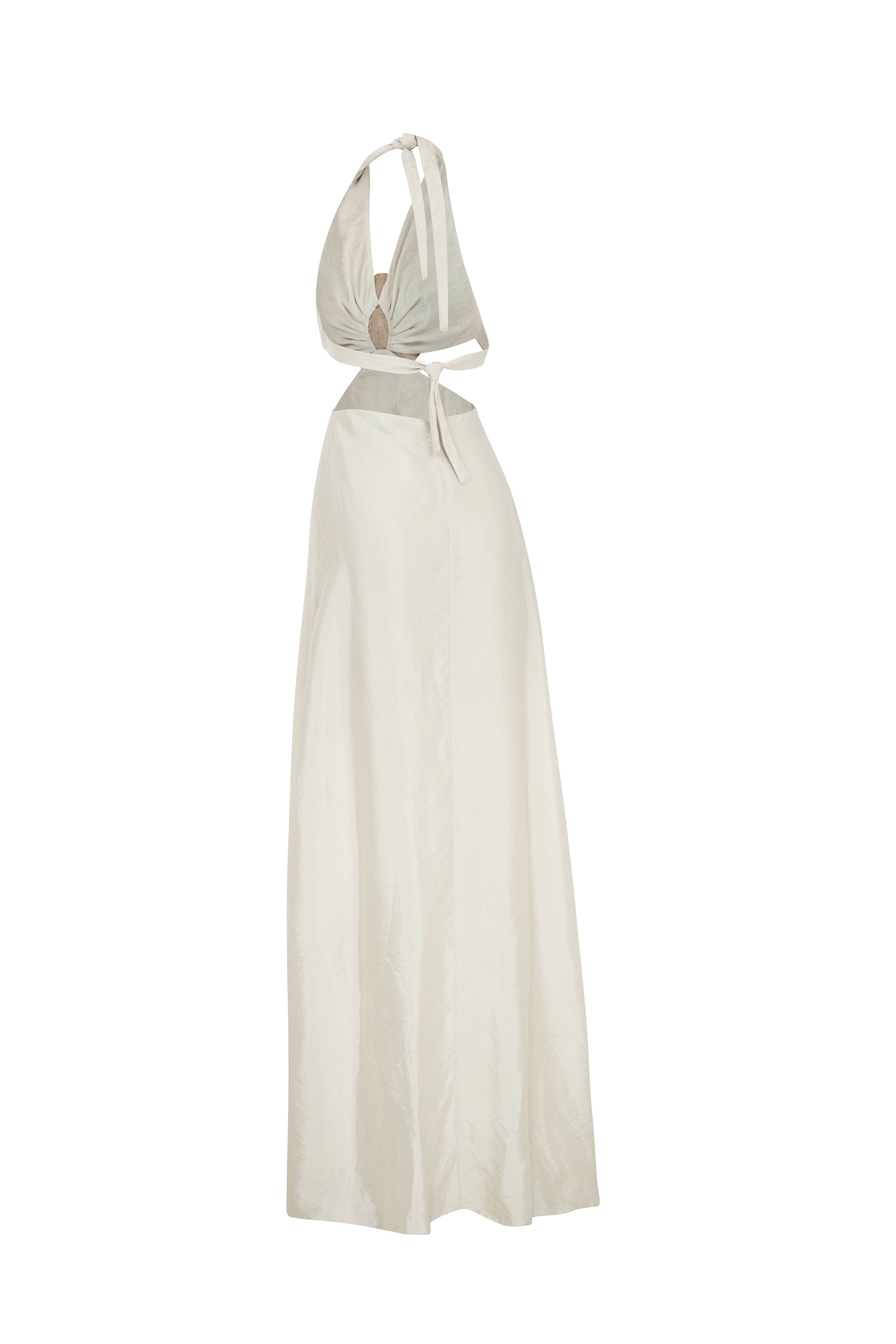 Cream Linen Halter Neck Maxi Dress With Cut Out And Flower Details RAISA VANESSA INT Cream Linen Halter Neck Maxi Dress With Cut Out And Flower Details RAISA VANESSA INT