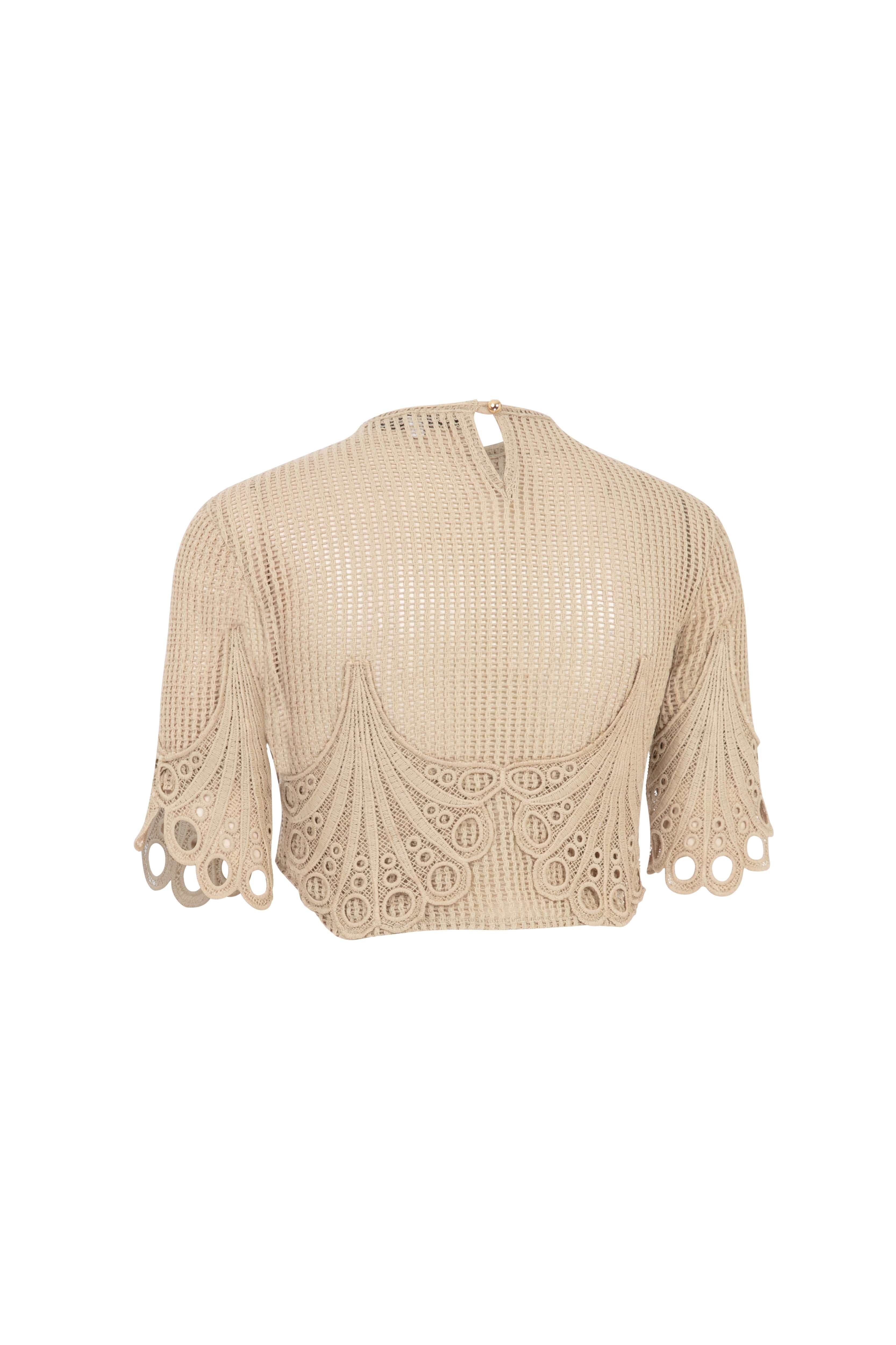 Beige Crochet Crop Top With Lace Details