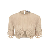 Beige Crochet Crop Top With Lace Details