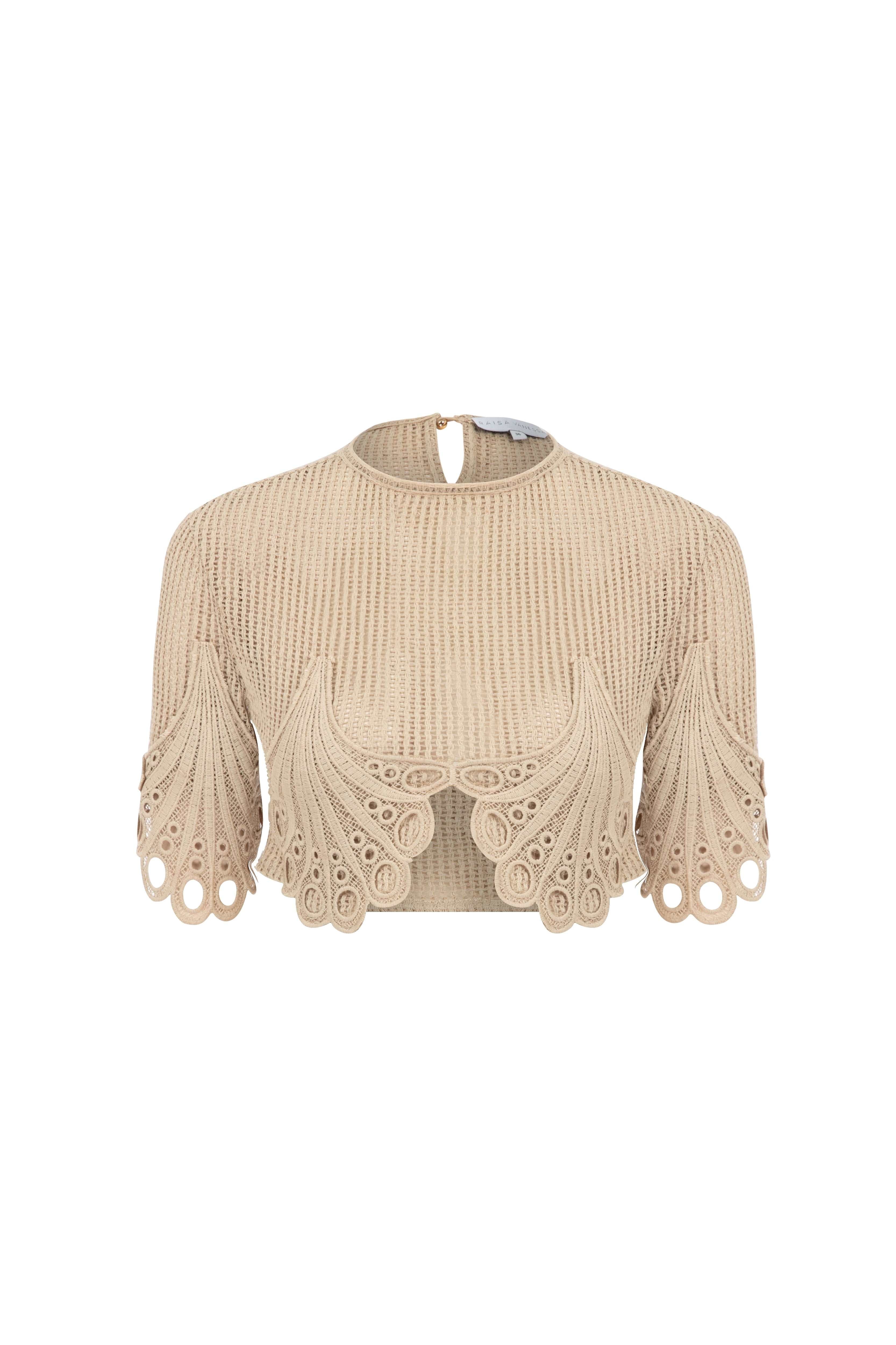 Beige Crochet Crop Top With Lace Details