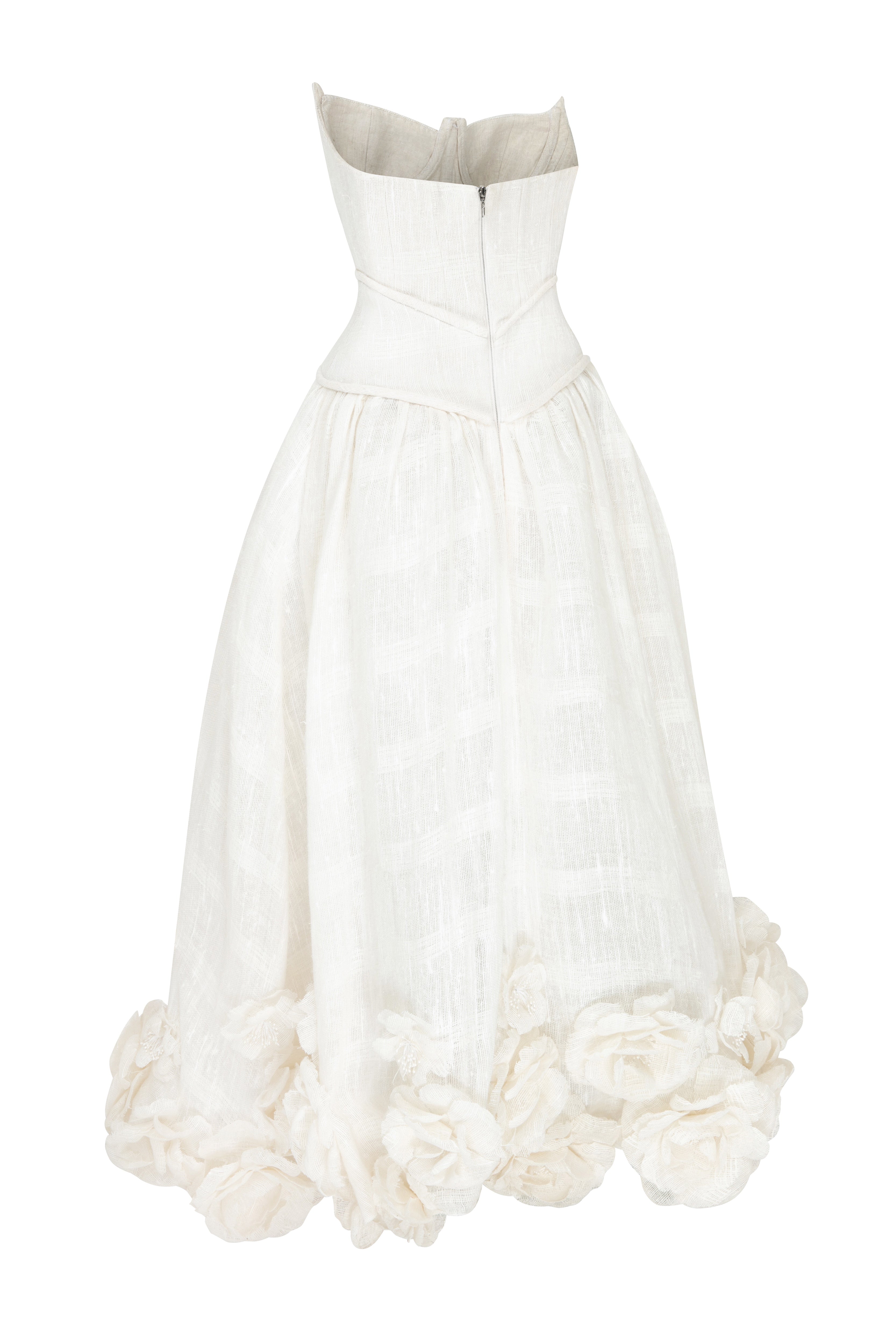 White Linen Midi Dress With Corset And Flower Details RAISA VANESSA INT White Linen Midi Dress With Corset And Flower Details RAISA VANESSA INT