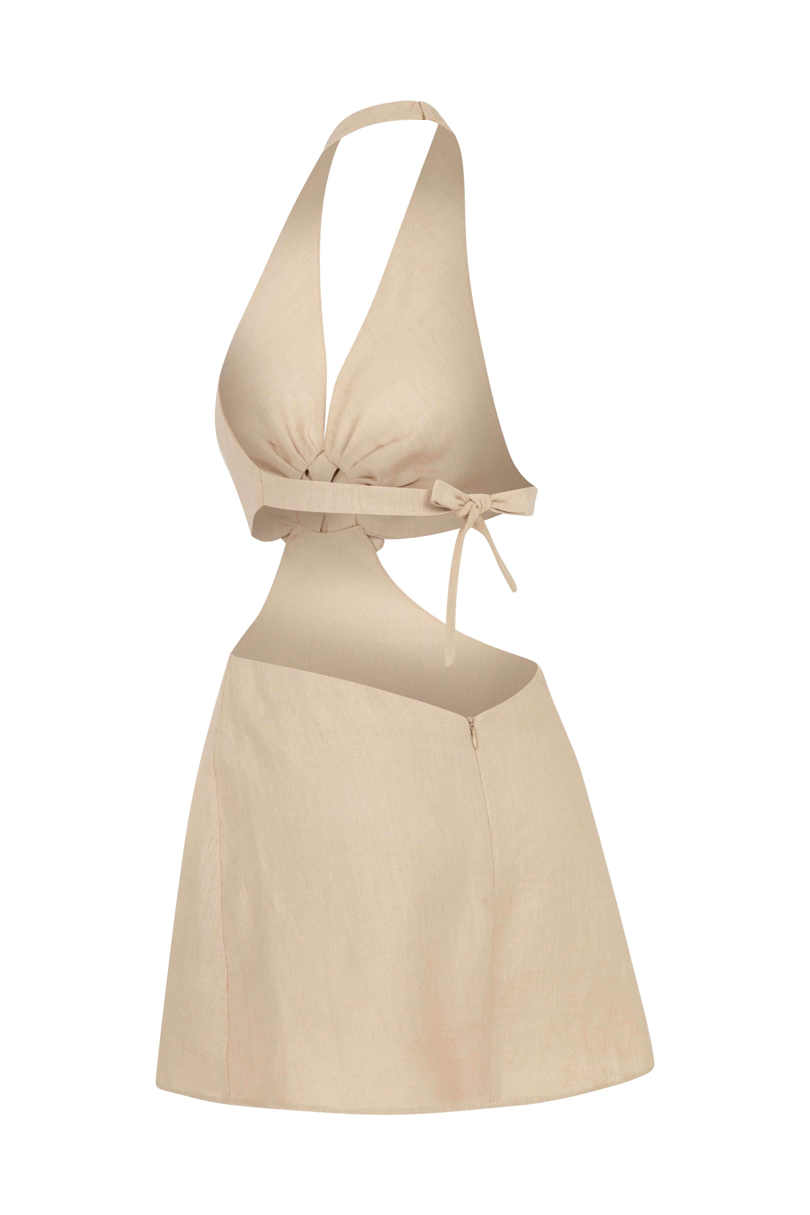 Beige Linen Halter Neck Mini Dress with Cutout and Flower Details