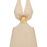 Beige Linen Halter Neck Mini Dress with Cutout and Flower Details