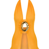 Orange Crochet Halter Top With Gold Sequins