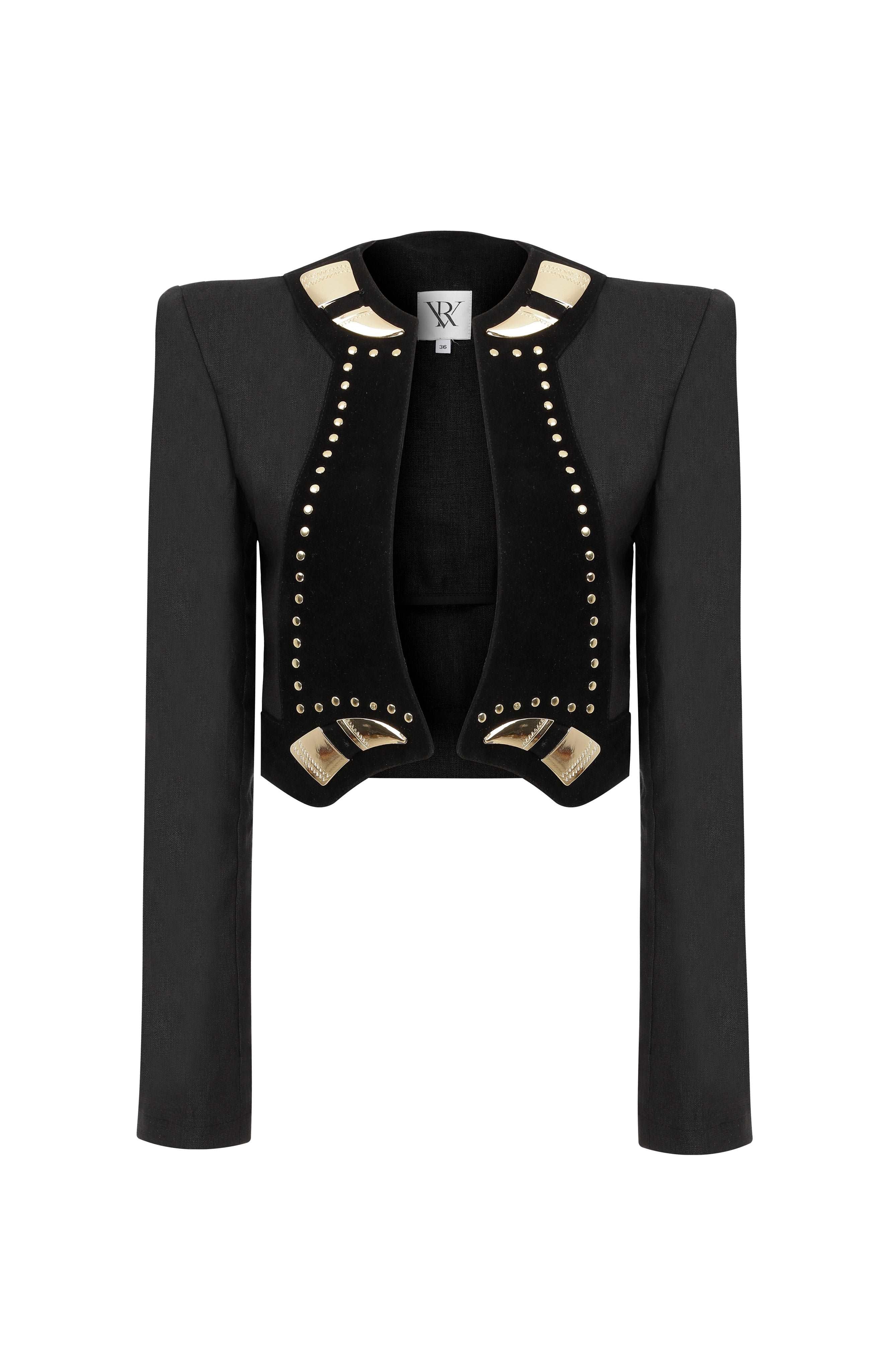 Black Linen Jacket with Suede and Gold Accessory Details