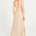 Beige Linen Maxi Skirt With Gold Pattern Detail