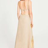 Beige Linen Maxi Skirt With Gold Pattern Detail