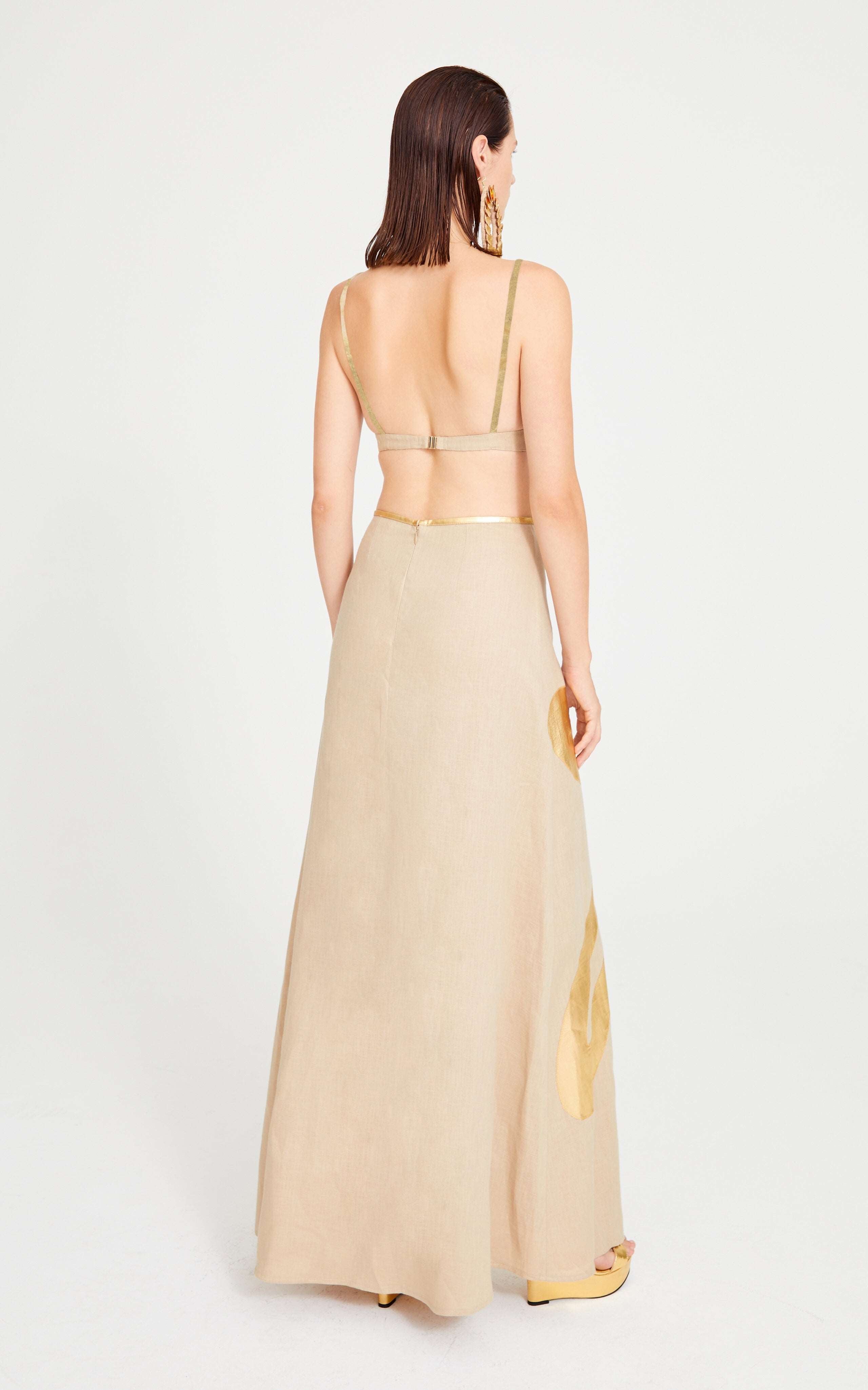 Beige Linen Maxi Skirt With Gold Pattern Detail