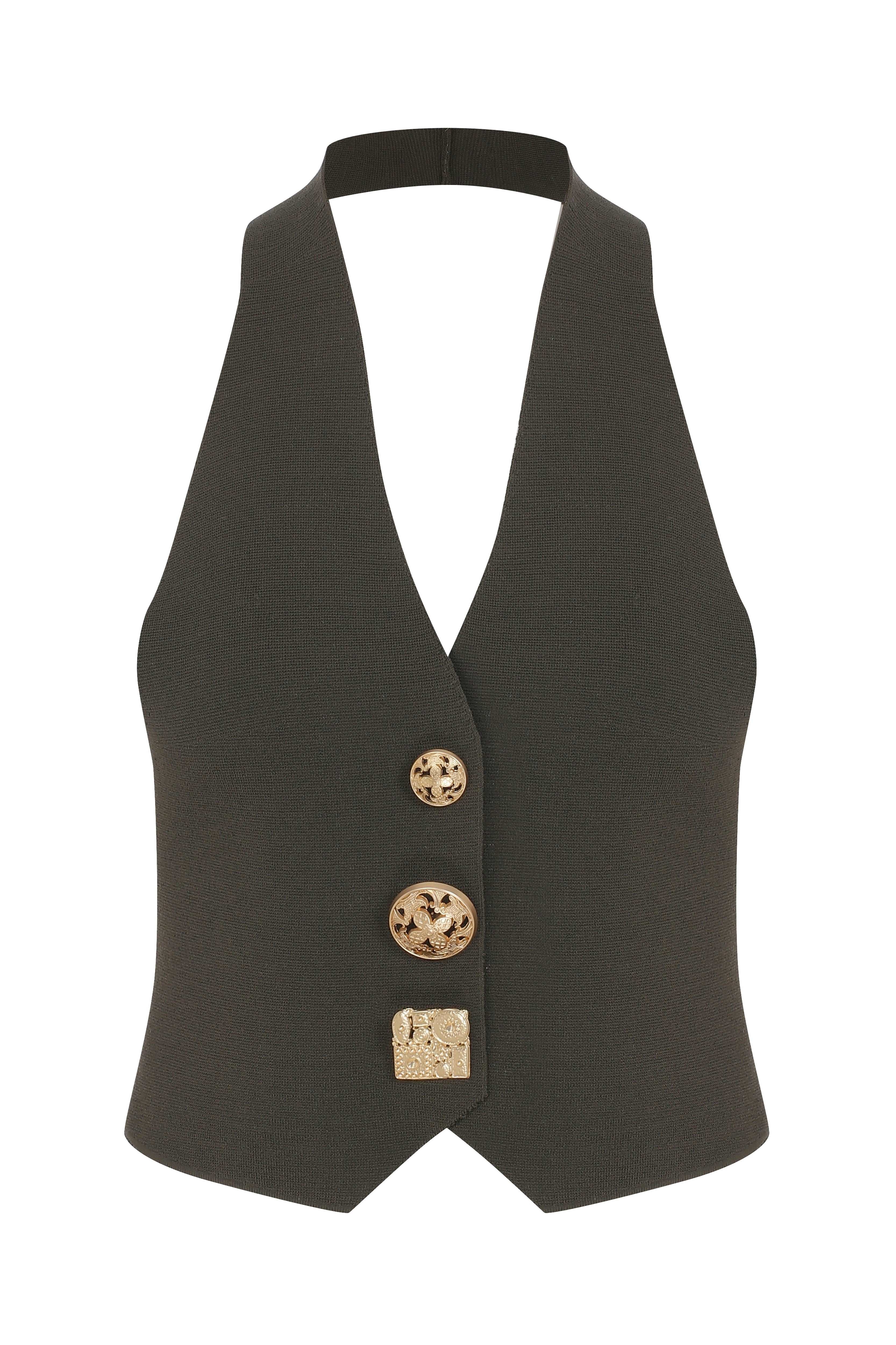 Black Knit V-Neck Vest With Gold Buttons – RAISA VANESSA INT
