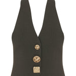 Black Knit V-Neck Vest With Gold Buttons