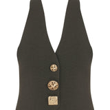 Black Knit V-Neck Vest With Gold Buttons