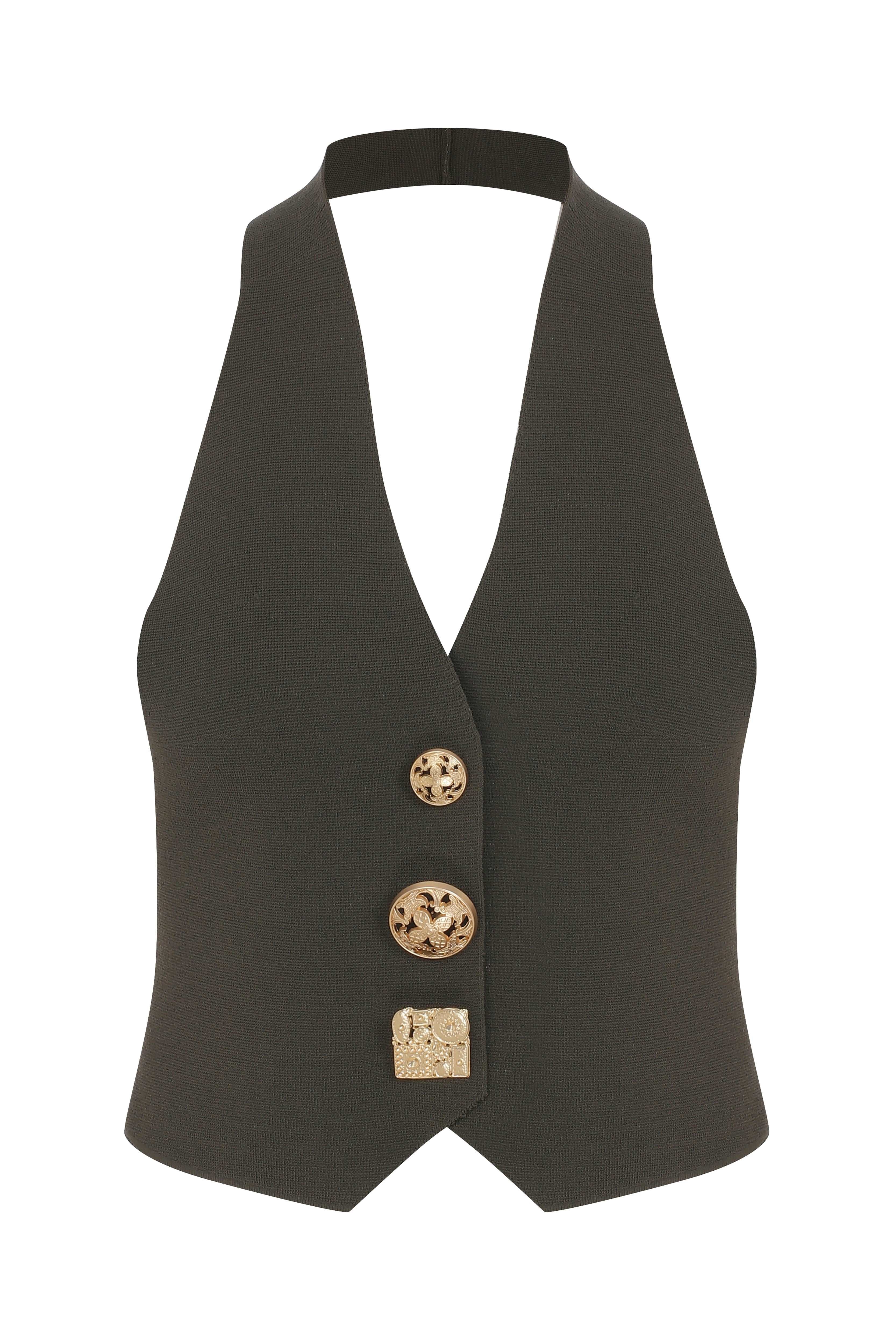 Black Knit V-Neck Vest With Gold Buttons