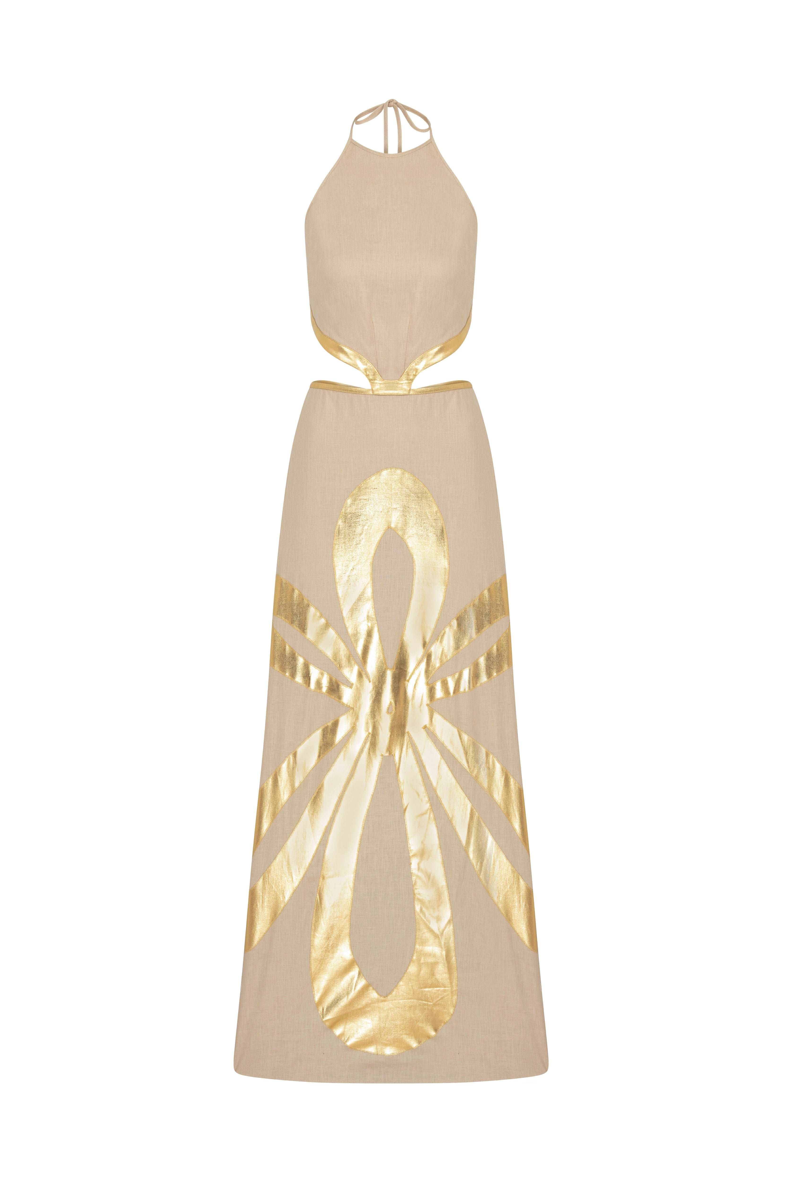 Beige Linen Halter Neck Maxi Dress with Cutout and Gold Pattern Details