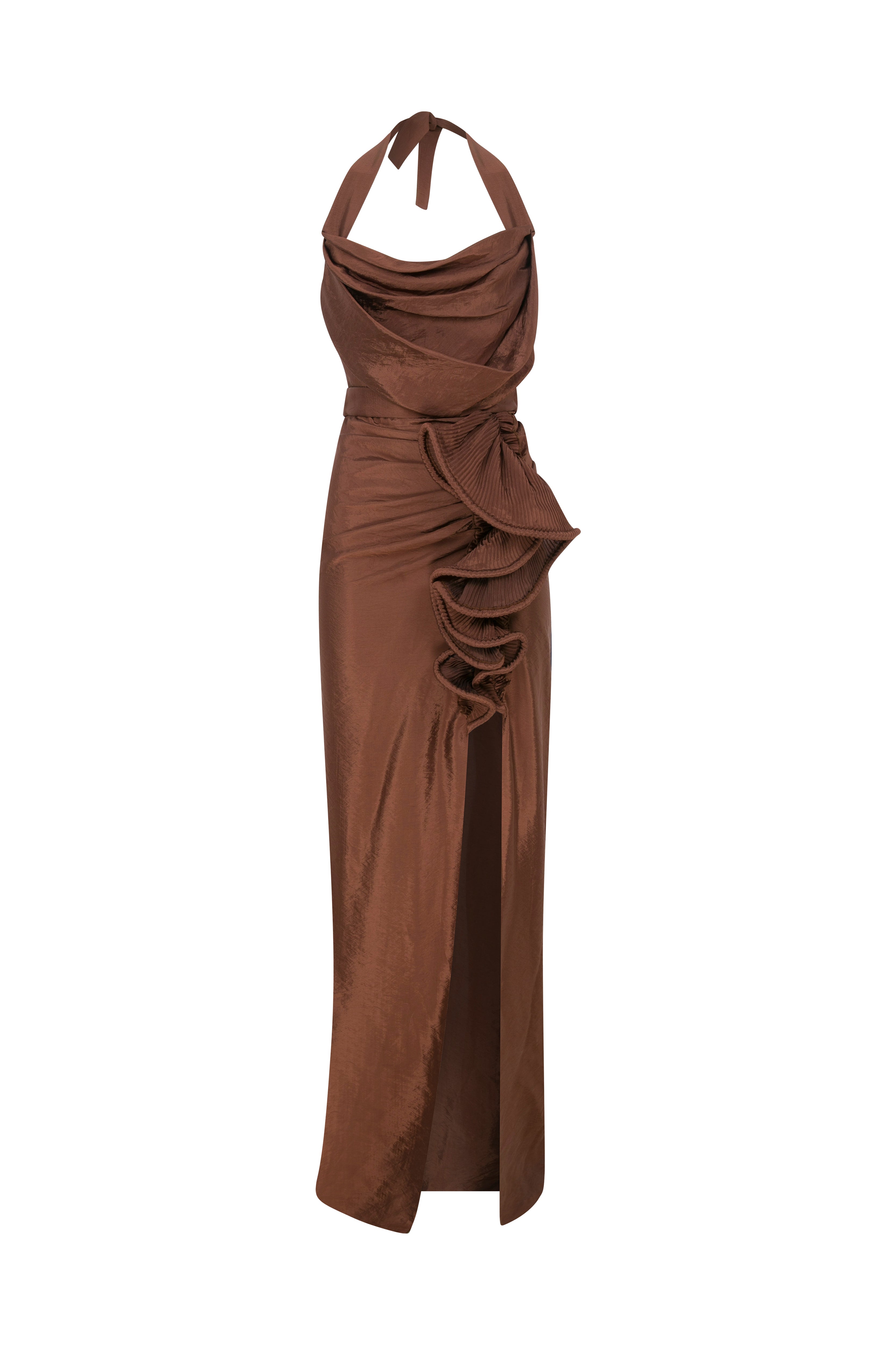 Brown Halter Neck Maxi Dress With Drape And High Slit