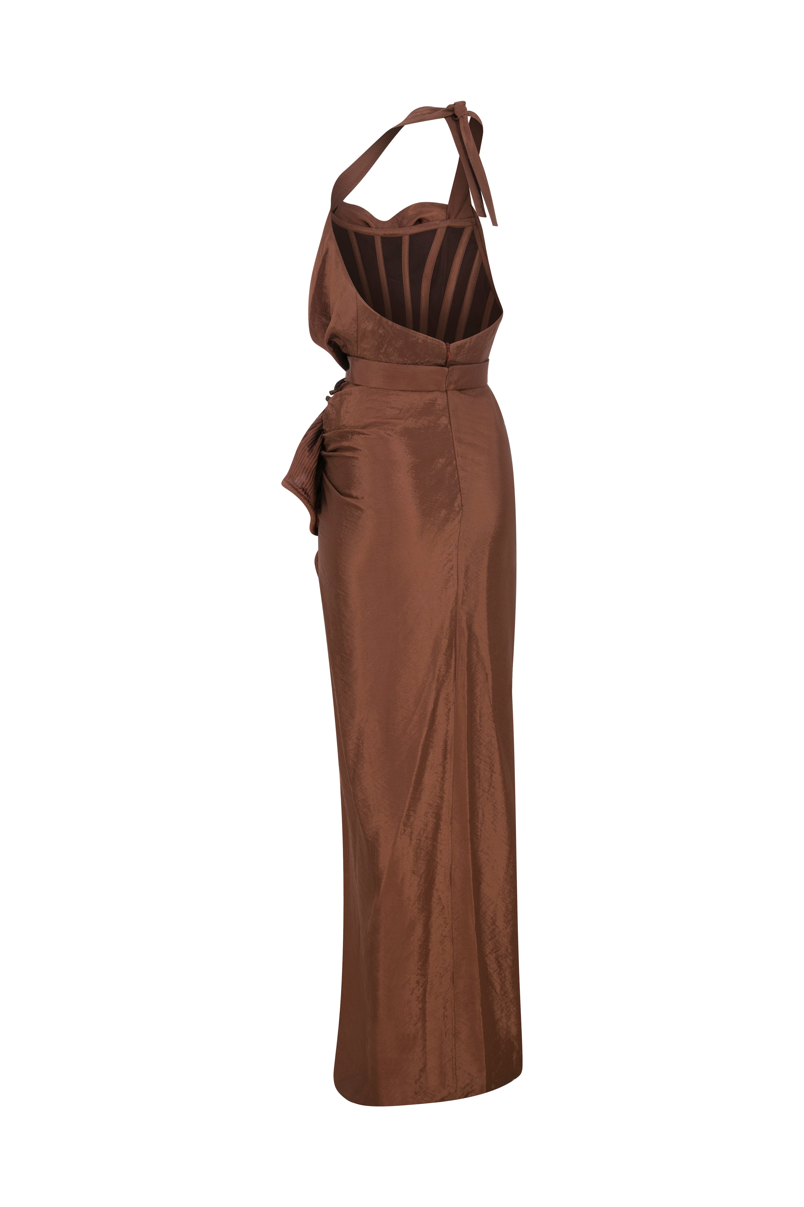 Brown Halter Neck Maxi Dress With Drape And High Slit