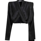 Black Long Sleeve Cross Body Satin Top