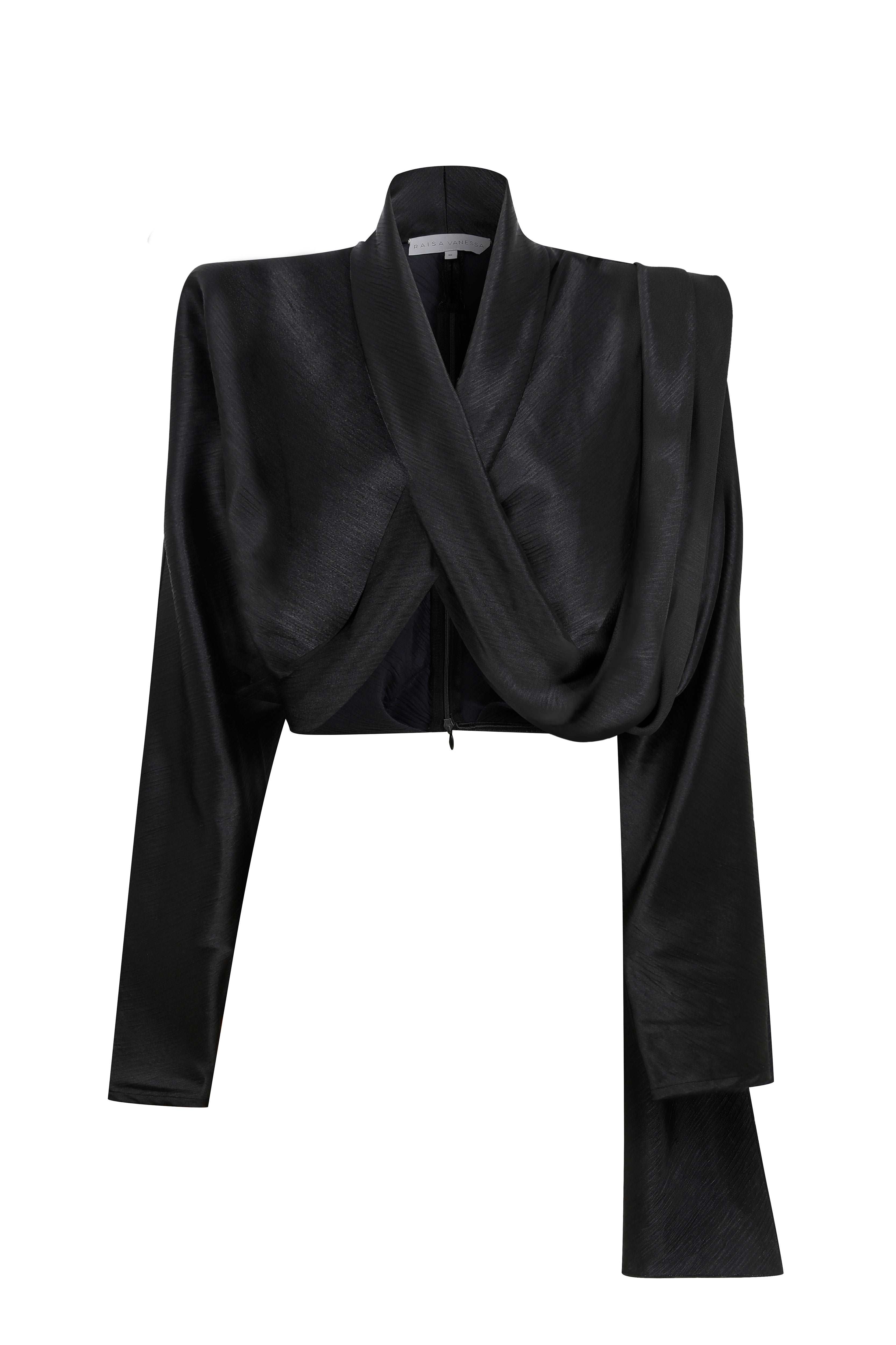 Black Long Sleeve Cross Body Satin Top