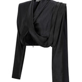 Black Long Sleeve Cross Body Satin Top