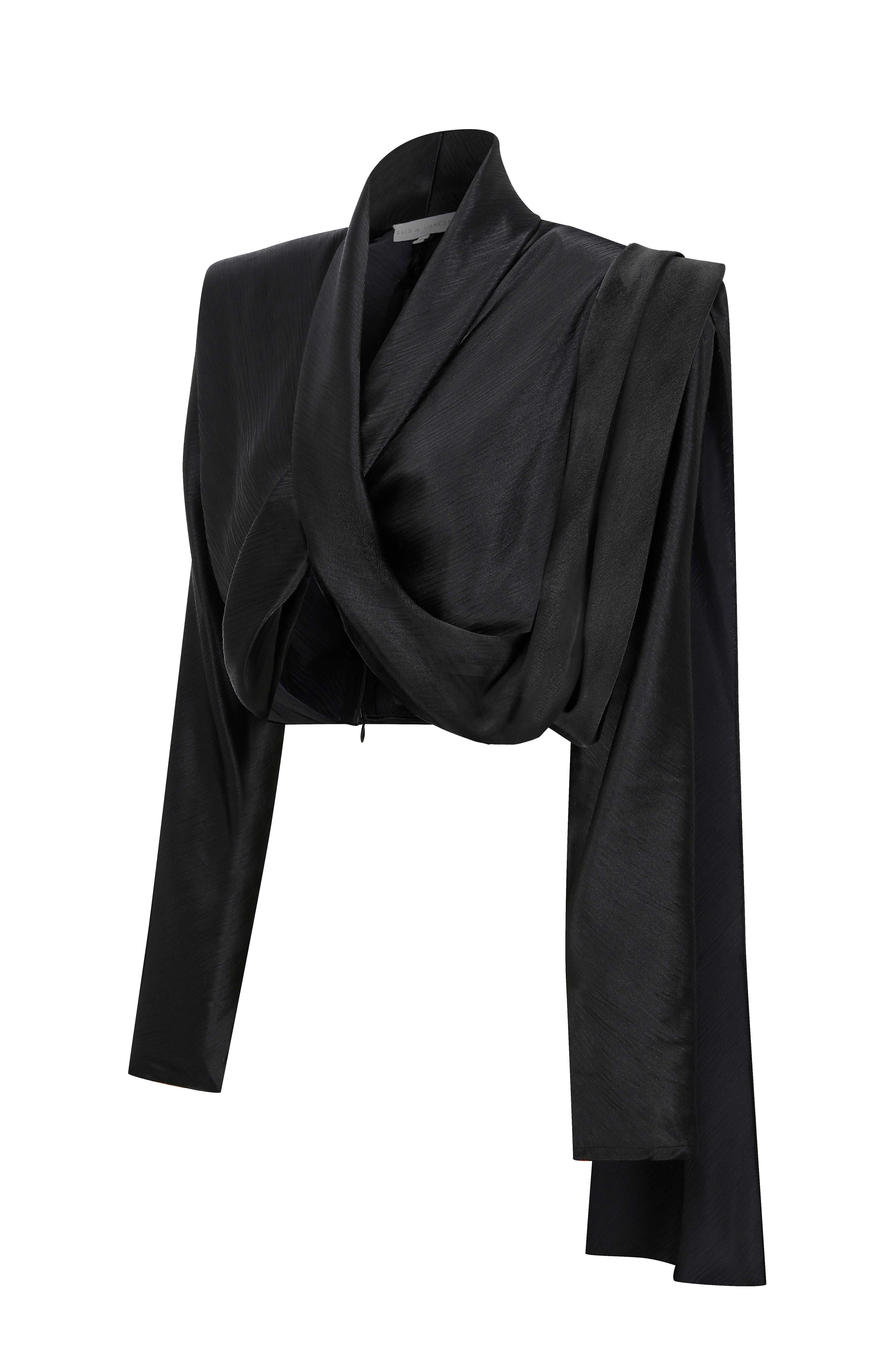 Black Long Sleeve Cross Body Satin Top