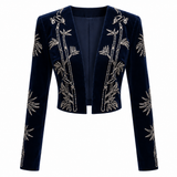 Navy Velvet Silver Beaded Cropped Jacket