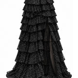 Black Glittered Tulle Tiered Maxi Skirt With Slit