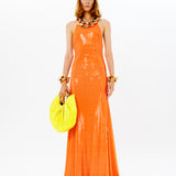 Sequined Halter Neck Maxi Dress With Chain Detail