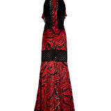Red Velvet Maxi Dress With Black Geometric Cut-Out Details