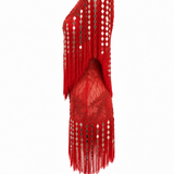Red Embroidered Mini Dress With Silver Mirror Fringe