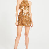Gold Halter Neck Mini Dress with Dripping Sequin and Embroidery Details